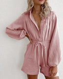 Queens Women Boho Bodysuits Solid Long Sleeve Pockets Loose Rompers Bohemian Polyester Sashes