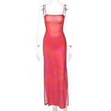 Rose Red Print Backless High Split Wedding Party Long Slip Dress Women's Summer Sleeveless Tunics Bandage Evening