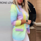 Women Coat Ombre Colorblock Long Sleeve Blazer Coat Office Lady