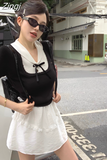 Bow Contrast Color Preppy Style Korean Turn Down Collar Knitted Tshirts Short Sleeve Tees White Skirts Sets Women