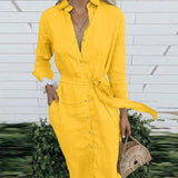 Elegant Lace-up Button Shirt Dress Casual Women Solid Cotton Linen Pocket Dress 2022 Lady Long Sleeve Office Long