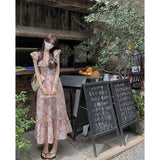 Vintage Floral Midi Dress Women Sweet Print Square Collar A Line Dresses Summer Elegant Vacation Flying Sleeve