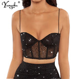 see through black Rhinestone tank top corset crop top women summer party y2k mesh halter top clubwear cute womens tube