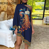 Women One Shoulder Peacock Floral Print Irregular Dress Elegant Fashion Chic