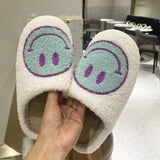 Winter Women's Shoes Retro Smile Face Design Slippers for Home Fluffy Faux Fur Flats High Quality Version Woman