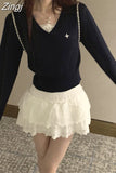 Embroidery Folds Sweet Skirt Elastic Waist Ball Gown A-Line Cake Mini Y2k Ballet White Skirts Women Hotsweet High