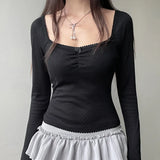 Solid Color Square Neck Lace Trim Bow TeeOutfit