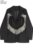 Women's Blazer Jacket Black Solid Color 2023 Autumn Heart-shaped Intarsia Pattern Long Sleeve Single Button Korean Fashion