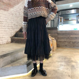 Tulle Midi Skirts Womens 2022 Autumn Elastic High Waist Mesh Tutu Pleated Skirts Female Black White Long Skirt