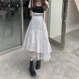 Gothic Lace Stitching Irregular Pleated Skirt Women White Vintage High Waist Long Skirt Korean Solid Hip Hop