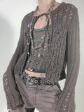 Y2K Fairy Grunge Bandage Long Sleeve Knitted Cardigans Goblincore Aesthetics O-neck Hollow Out Grey Sweaters Retro