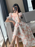 Summer Fashion Chiffon Floral Dress Women Casual A-Line Fairy Party Midi Vestidos Female Vintage Beach Short Sleeve
