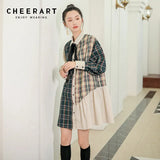Vintage Plaid Long Sleeve Mini Shirt Dress Patchwork Button Up Autumn Dress Women Ruffle Short Dress