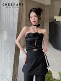 Designer Black Corset Crop Tube Tops Women Backless Ruched Halter Top Floral Patch Summer 2022 High Fashion