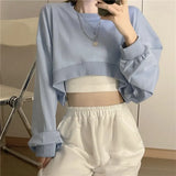 Streetwear Women Sexy Solid Cropped Sweatshirts Oversize Loose Harajuku BF Pullovers Spring Korean Chic Casual Y2k