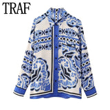 Blue Print Satin Shirt Woman Long Sleeve Top Female Vintage Button Up Shirt Women Casual Loose Summer Blouses Woman