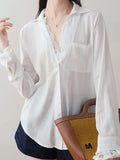 Splicing Two V-Neck White Shirt Women's 2025 New Spring Top Design Small