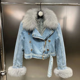 2022 Winter Fox Fur Collar Rabbit Fur Liner Double Breasted Metal Buttons Belt Light Blue Warm Denim Jacket Women