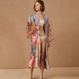 Queens Crane Floral Print Sashes Women Bohemian V Neck Batwing Sleeves Blouses Robe Kimono