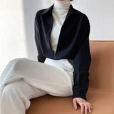 Elegant Vintage Blouses Women Chic Long Sleeve V Neck Tops Office White Loose No Buttons Shirts Harajuku Outerwear