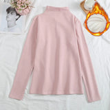 Plus Velvet Long Sleeve Women T Shirt Pullover Bottoming Tops Solid Sweater Slim Autumn Winter Mock Neck Basic