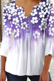 Floral Print Summer Blouse Women Elegant Simple Shirt V Neck Button 3/4 Length Sleeve Casual Holiday Basic Tops