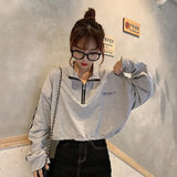 Harajuku Hoodies Women Y2K Street Zipper Crop Sweatshirt Black Long Sleeve Loose Pullover Fashion Simple Elastic Waist