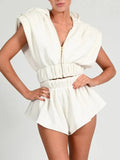 Two Piece Set For Women Solid Zipper Sleeveless Crop Top Shorts Ladies 2022 Spring New Vintage Elegant Sets
