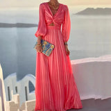 Long Sleeve V Neck Pleated Long Dress Women Sexy Bell Sleeve Deep V Hollow Slit Dress Ladies Fashion Solid Loose