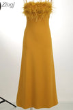 Spaghetti Strap Feather Long Dress Elegant Yellow Green Sleeveless Feather Slim Dresses Women Celebrity Party Evening