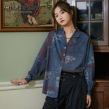 Vintage Button Up Collar Shirt Womem Floral Print Lapel Blue Long Sleeve Tops And Blouses 2020 Fall Fashion