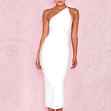 New Women Bandage Dresses 2022 Sexy One Shoulder Spandex Backless Sleeveless Celebrity Bodycon Party Midi Dress