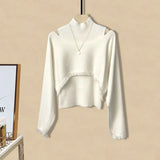 Warm Knitwears Two Piece Set For Women Outfit Korean Off The Shoulder Knitted Sweater+high Waist Patchwork Skirt Set
