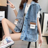Loose Denim Tanks Women Spring Casual Korean Pockets Buttons Vest Vintage College Style Turn-dowm Tank Top for