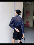 Denim Patchwork Mesh Long Sleeve Button Up Shirt For Women See Through Fashion Designer Top Blue Collared