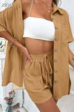Shirts Suit Wide-leg Shorts Two Piece Set 2023 Short Sleeve Cotton Casual Long Blouse Women Pockets Loose Outfits
