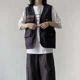 Streetwear Cargo Vests Women Button Pocket Sleeveless Loose Jacket Bf Hip Hop Vintage V Neck Chic Casual Tops Thin