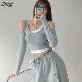 Women Skinny Sexy Tops Fake Two Pieces Cropped Holiday Students Casual Y2k Streetwear Mujer Spring O-neck New Slim