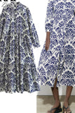 2023 Vintage Print Long Dress Women Blue Shirt Dress Woman Ruffle Long Sleeve Midi Dresses Women's Elegant Loose
