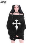 Neck American Retro Thin Sueter Mujer Black Punk Style Cross Pullovers Rivet Off Shoulder Belt Knitted Sweater
