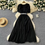Fan Niche Design Pressure Folding Collar Button To Collect Waist Thin Temperament Medium Long Over Knee Chiffon