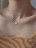 Rhinestone Butterfly Pendant Double Layered Necklace- Outfit