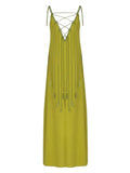 V-neck Drawstring Tassel Maxi Dress Women Loose Backless Sleeveless Sling Robes 2024 Fashion Female Vacation Beach