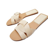 ZARZ Sandals Women's Flat Bottom 2022 Summer New Leather Cross Decoration Flat-Heeled Sandals Beige Lazy Slippers Women