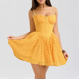 Yellow Strap Jacquard Lace Mini Dress- Outfit