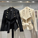 2022 Winter New Collection Double Breasted Buttons Woolen Belt Slim Waist Blazer Caot Women Cotton Liner Jacket