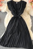 Women Green/Red/Beige Pleated Midi Dress Vintage V-Neck Draped Party Robe Female Elegant Casual Vestidos New Fashion