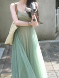 Summer New Temperament Slim Comfortable Design Small Fashion Art Green Dress Two Sets Of