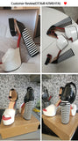 Onlymaker Women's Sandals Platform Peep Toe Chunky Square Heels Ankle Strap Sandals Black And White Stripes Party Fashion