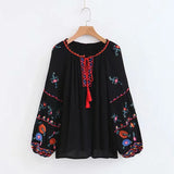 Queens Women Tassel Bohemian Floral Embroidery Beach Cotton Blouse Shirt Long Sleeve Loose Boho Shirts
